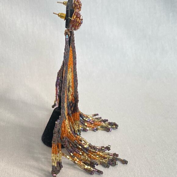 Tribal Oversized Seed Beaded Earrings Posts Chevron Color Black Pattern Fringe - Picture 2 of 9